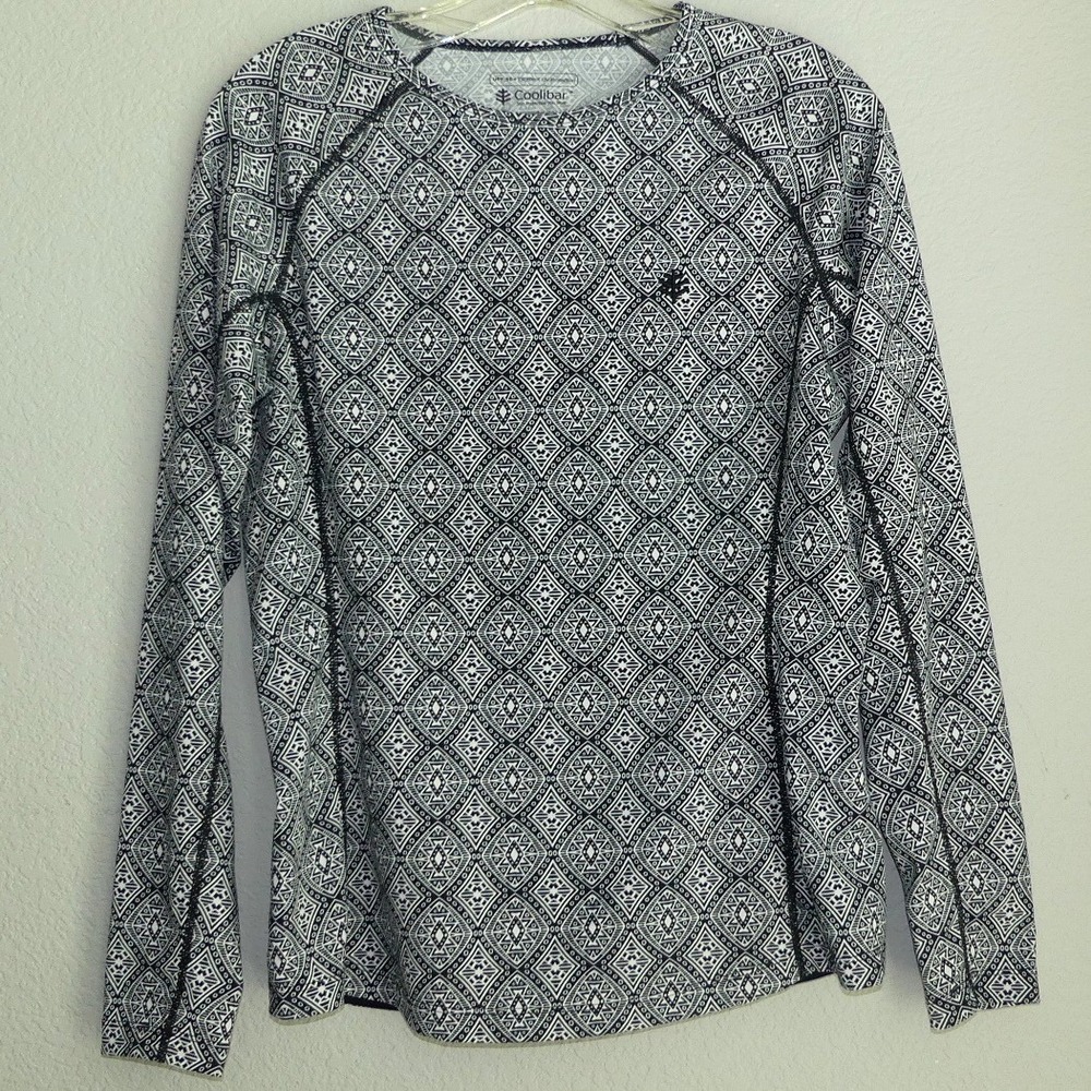 Coolibar Womens UPF 50+ Sun Shirt Long Sleeve Black White Diamond Print